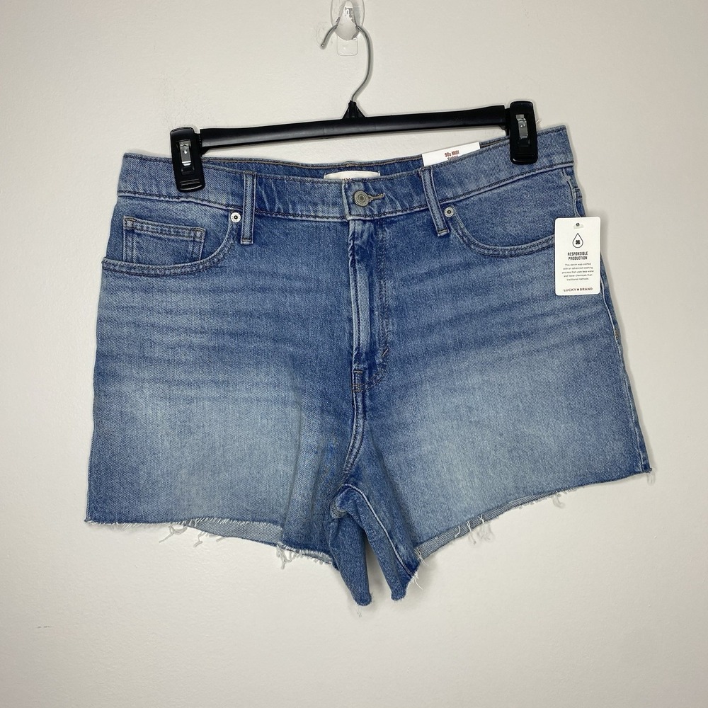 Lucky Brand Women's Sz 12/31 90s Midi Shorts High Rise Raw Hem Medium Wash